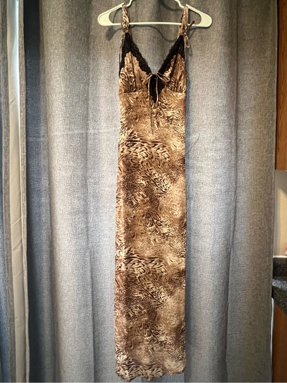 wild fable Brown Animal-Print Maxi Slip Dress with Black Lace